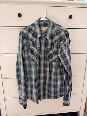 Hollister Teal, Navy & Tan Plaid Western Shirt